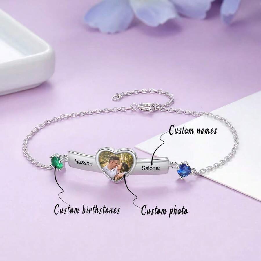 Pulsera de barra con nombre grabado personalizado, con piedra natal, foto personalizada de recuerdo en forma de corazón, regalos para mujeres