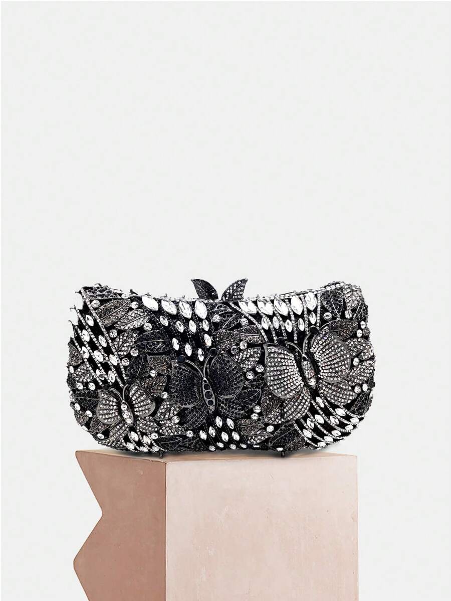 Luxurious Black/Silver Crystal Clutches Bags Butterfly Design Evening Purses For Wedding Bride,All Handmade Rhinestone Handbags,All Handmade Rhinestone Women Party Clutches,Rhinestone Handbags With Chain For Party&Prom Events Dinner Bag,Best Gift For Women