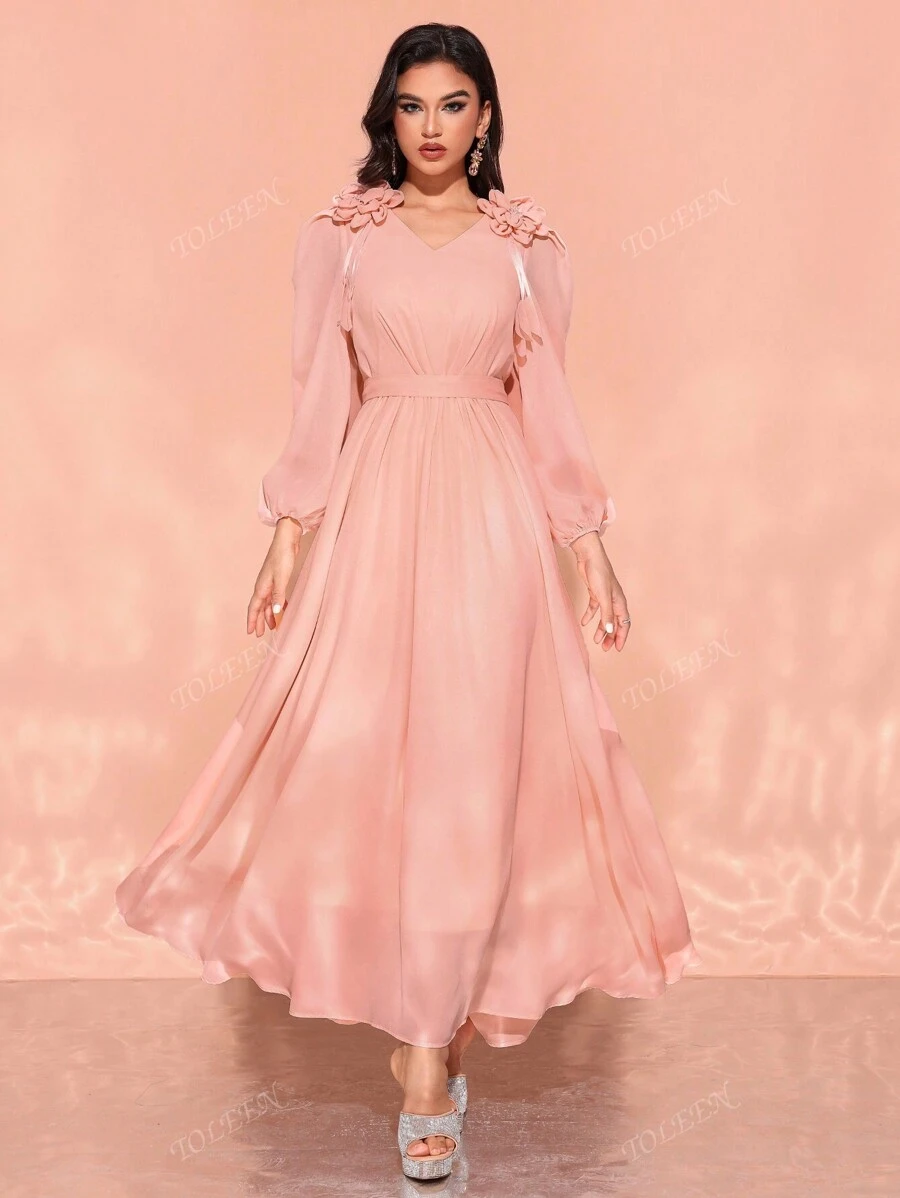 Women's V-Neck Ruffle Sleeve Embellished Floral Elegant Dress
