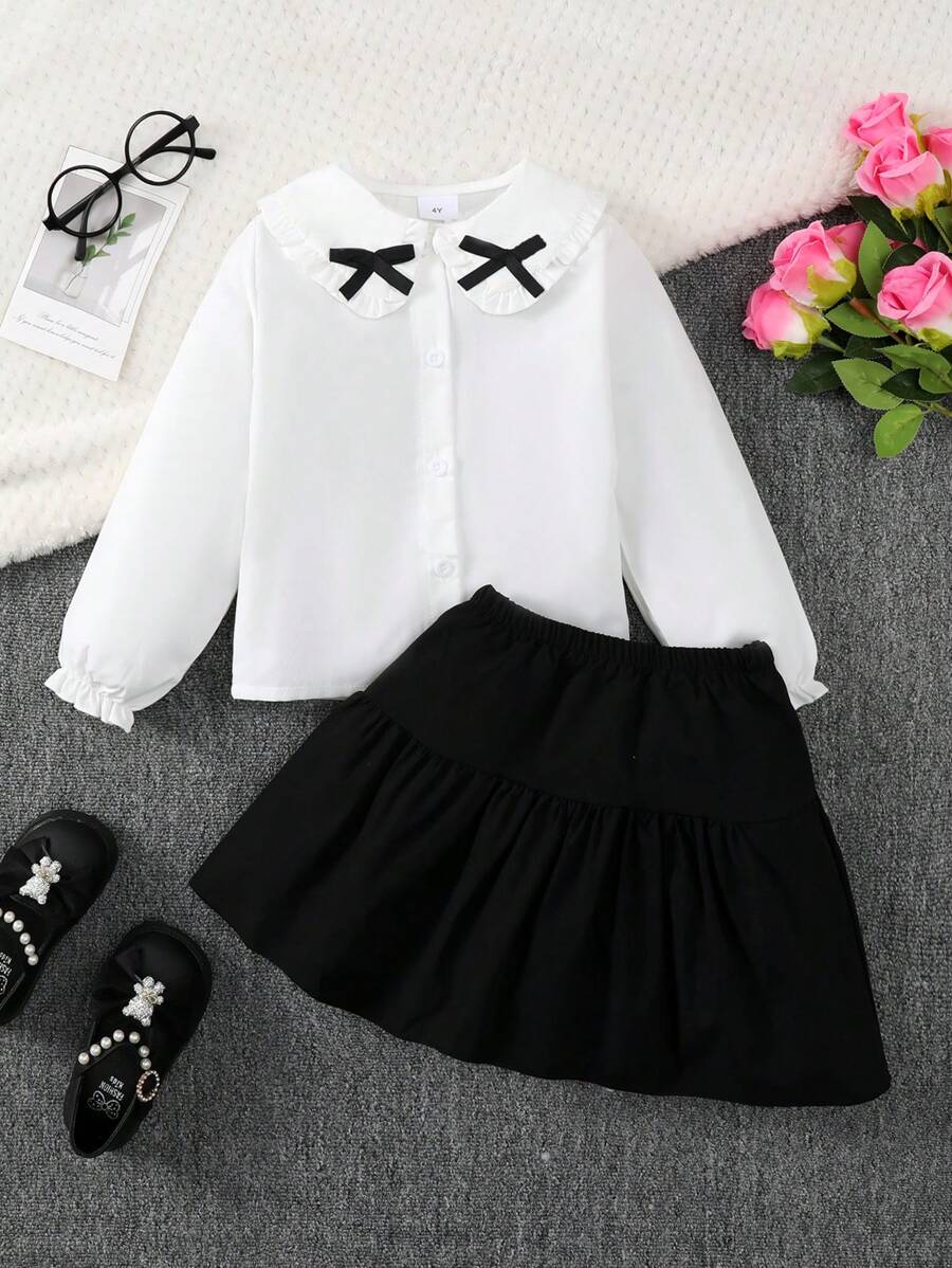2pcs/Set Young Girl Fashion Long Sleeve Collared Bow Buttoned Cardigan Top And Skirt Outfit, Suitable For 4-7 Years Old Girls
