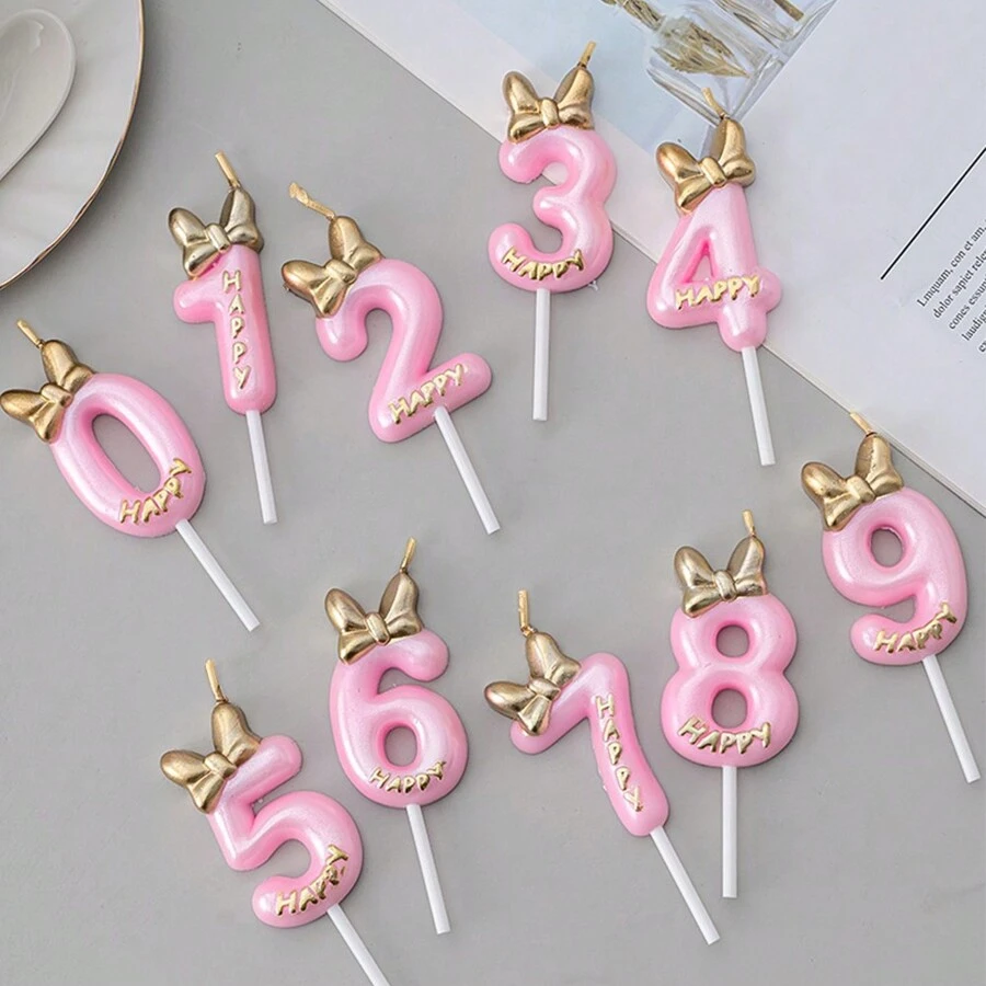 1pc/10pcs Number 0-9 Cute Bowknot Birthday Number Candle B Oys G Ilrs Cake Decor Digital Candles Topper Cupcake Party Decoration Supplies