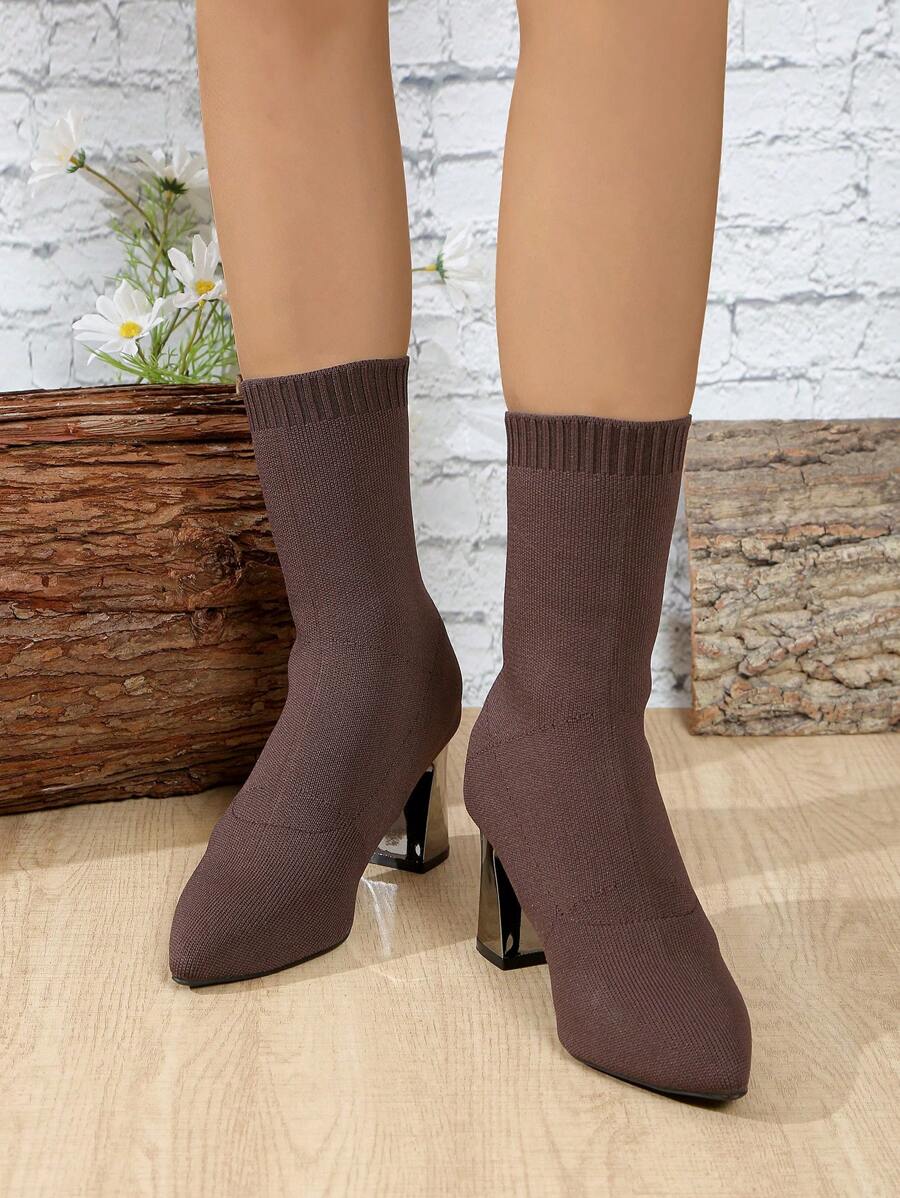 Botas femininas de cano médio de malha com bico fino, salto alto e grosso, botas casuais de meia elástica para outono/inverno