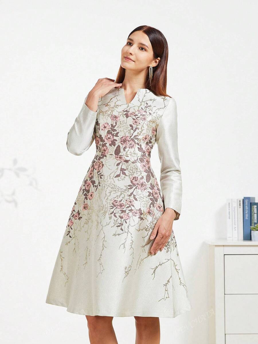 Vestido de cóctel de mujer con tejido jacquard elegante (estampado aleatorio), vestido de cóctel de manga larga para fiesta, graduación, cena, baile de graduación