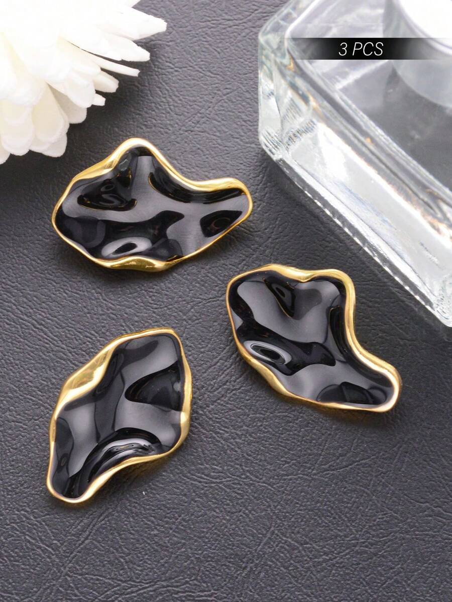 3 Peças/Pacote Botões de Metal Esmaltados Assimétricos, Adequados para Vestidos, Cardigãs, Jaquetas, Suéteres, Ternos - Botões de Costura Personalizados Únicos, Adequados para Decoração de Moda - Preto e Dourado