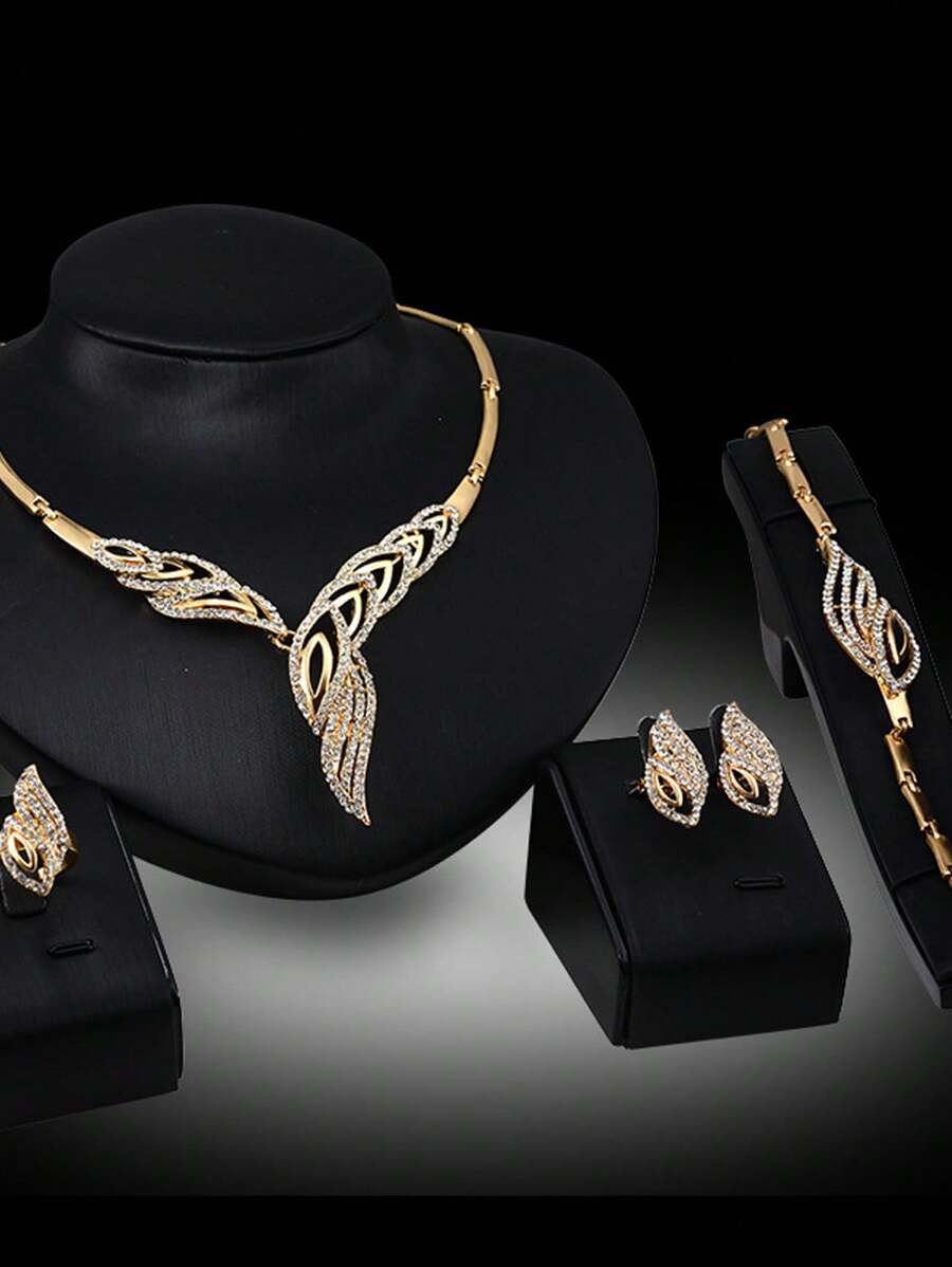 5pcs/Set Luxurious & Exaggerated Gold-Tone Rhinestone Studded Leaf Design Necklace, Earrings, Ring, Bracelet Set For Women's Wedding Party