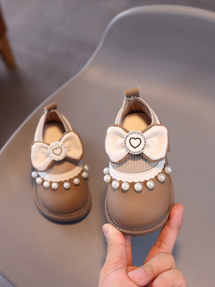1 Pair Girl's Crystal Bow Heart-Shaped Princess Shoes, Suitable For Infant, Toddler Girls, Soft Sole, For Spring/Summer/Autumn/Winter