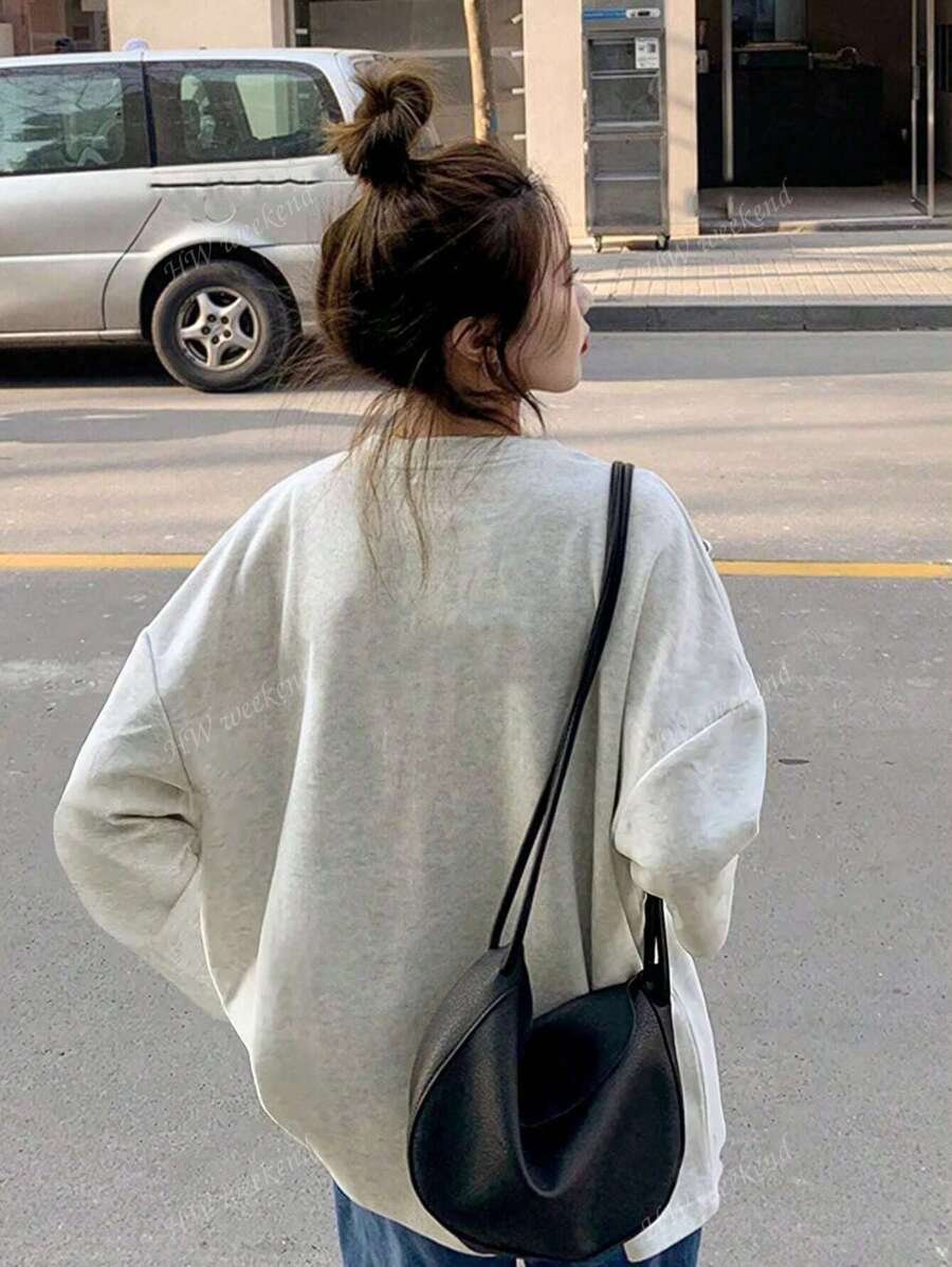 Women's Round Neck Solid Color Casual Versatile Loose Fit Long Sleeve T-Shirt Top, Autumn/Winter