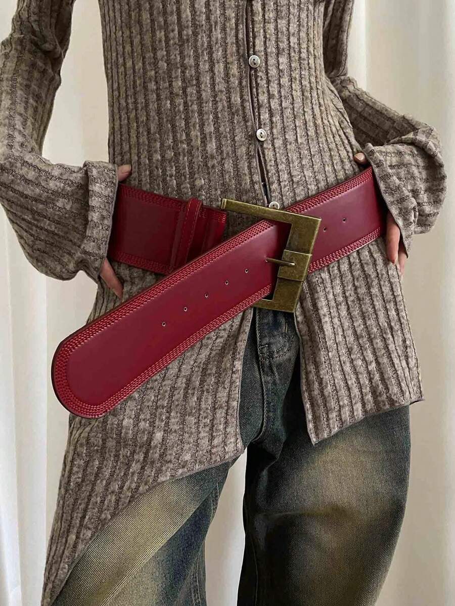 1pc Women's Burgundy PU Leather Wide Buckle Vintage Belts For Cinched Waist Halloween Summer, School Fall, Autumn, Halloween