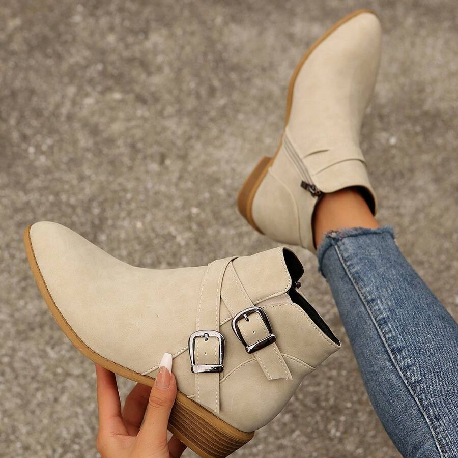 Bottes courtes classiques rétro à bout pointu pour femmes, pour l'automne et l'hiver, avec boucle, talon épais, bottes polyvalentes