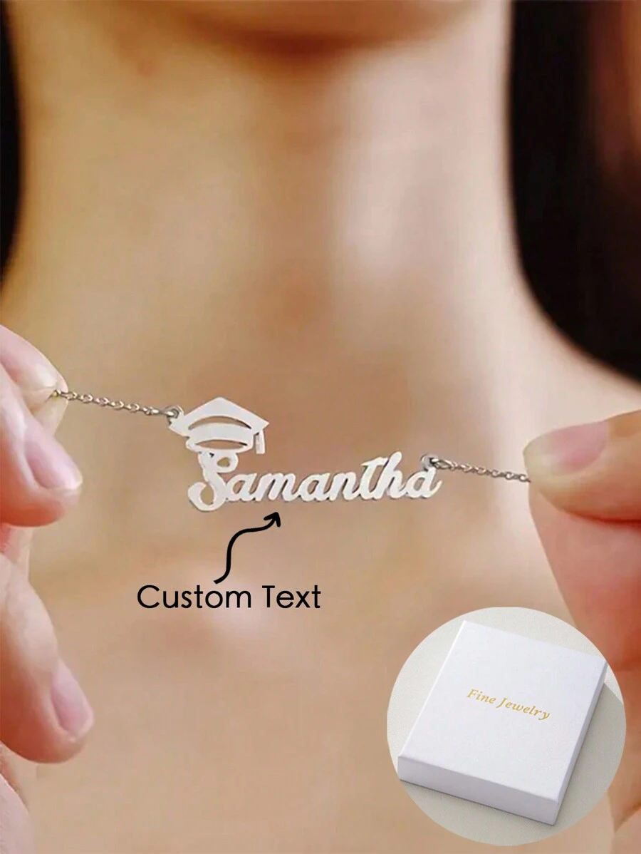 Special Commemorative Meaning Graduation Season Bachelor's Hat And Doctoral Hat Customized Name English Letter Pendant Necklace, Suitable For Good Friends, Children's Graduation Gifts, Birthday Gifts, Stainless Steel Material,