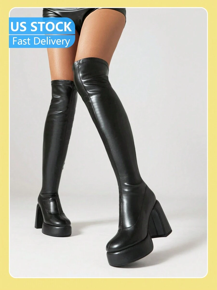Botas altas hasta el muslo con plataforma para mujer, tacones gruesos y cuadrados, sobre la rodilla, botas de estilo go-go con punta redondeada, botas de fiesta con cremallera