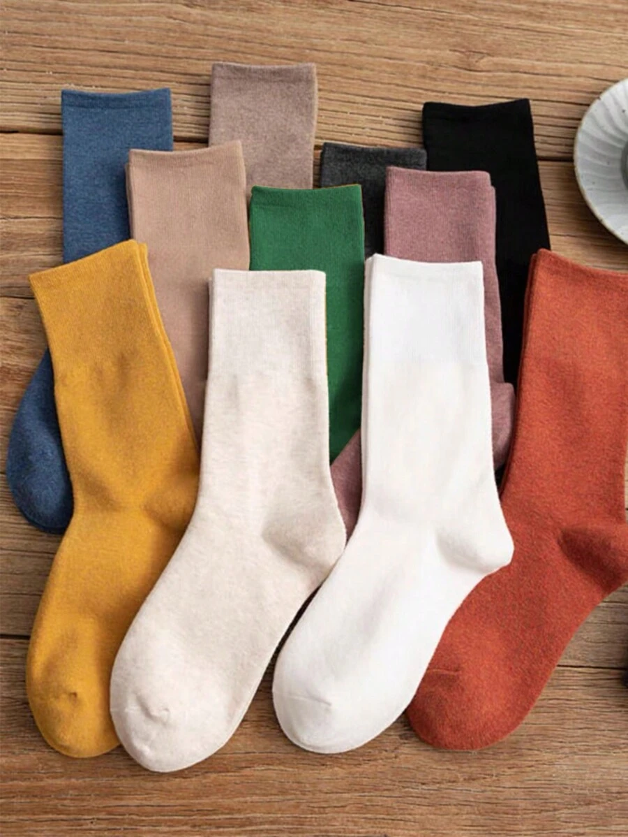 10 pares de calcetines hasta la rodilla de unicolor para mujeres al azar, estilo deportivo para todas las temporadas, con rayas de unicolor versátiles, simples y transpirables