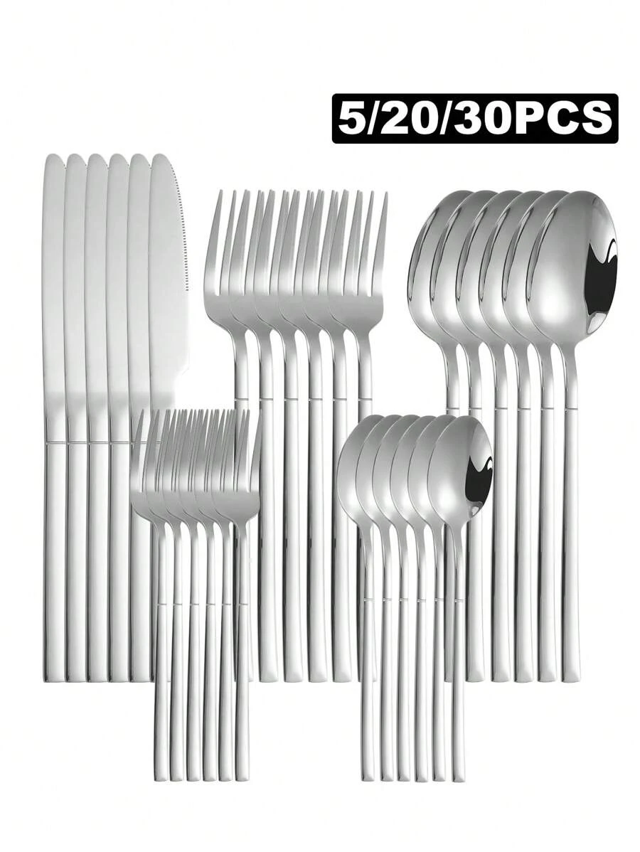 Set di posate 5 pezzi / 30 pezzi in acciaio inossidabile argento, comprende coltello, forchetta e cucchiaio, adatto per uso domestico e ristorante, cucina, regalo di Natale
