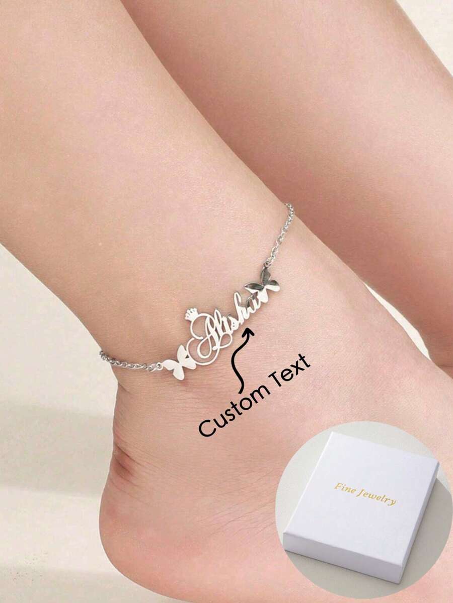A Beautiful And Cute Two Butterfly Strap With A Small Crown, Personalized Customized English Letter Name Bracelet,Party, Banquet, Wedding, Seaside Vacation Jewelry, Minimalist Elegant Style, Neutral Style Birthday Accessories, Fashionable Christmas Gifts For Family, Simple And Classic, Suitable For Daily Wear And Gift Giving, Mother's Day Jewelry, Suitable For All Seasons