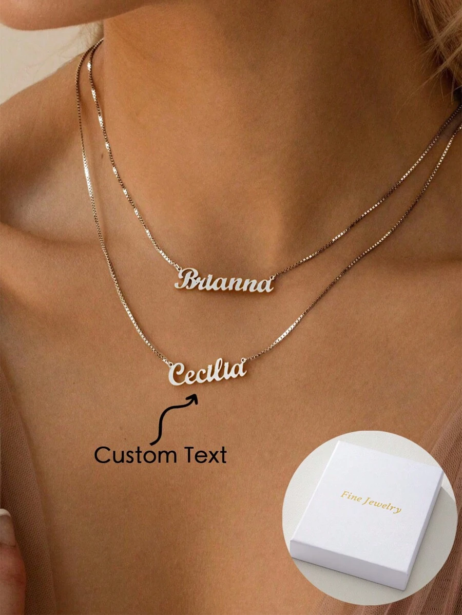 A Fashionable And Luxurious Custom Two Name Pendant Box Chain Double-Layer Necklace, Made Of Stainless Steel Material, Suitable For Couples, Families, And Friends. It Is A Classic And Elegant Necklace