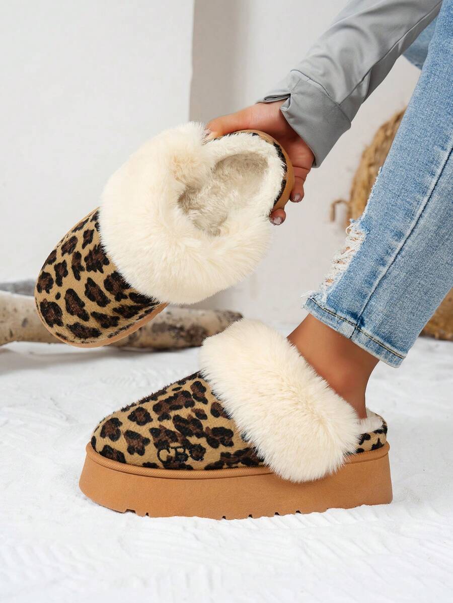 Women's Platform Snow Boot Slippers – Cozy & Stylish Winter Slip-Ons With Thick Sole In Leopard Print