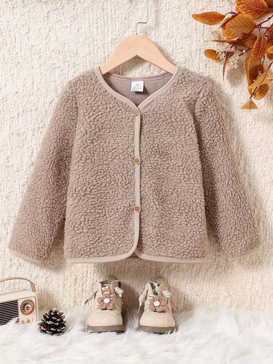 Chaqueta de primavera y otoño de moda para niñas, cárdigan con botones de peluche de unicolor, escote en V, manga larga, ropa exterior casual, cómoda y suave para todo uso, ropa de estilo callejero resistente al viento para exteriores