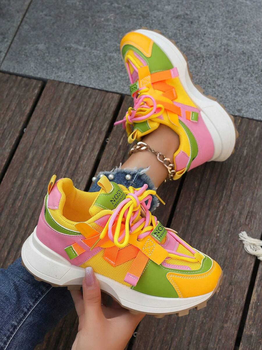 Damen Multisaison Sport Laufschuhe, Kontrastfarben Schnürsenkel Atmungsaktive Mesh Sneaker