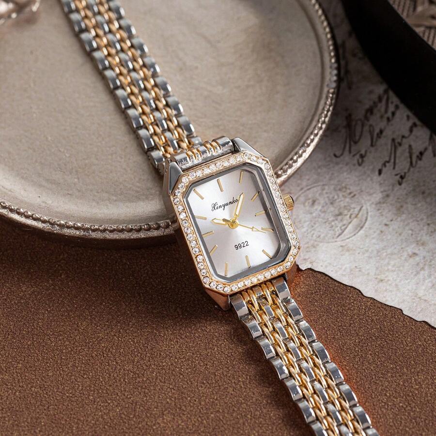 xinyunkou Nuevo reloj de lujo de diseño con incrustaciones de rhinestones, esfera pequeña cuadrada y correa de acero, estilo vintage, como regalo para estudiantes que regresan a la escuela