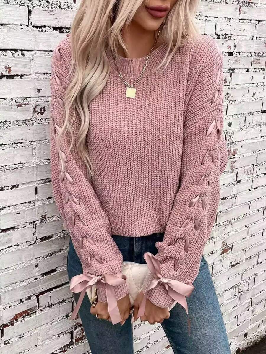 1pc Women Bowknot Pullover Sweater, Loose Fit Solid Color Knit Top, Autumn/Winter