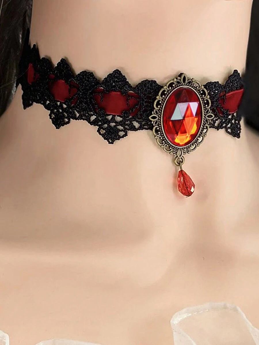 1 pièce Collier tour de cou gothique en dentelle noire avec pierre précieuse rouge, style gothique vampire pour femmes, Saint-Valentin