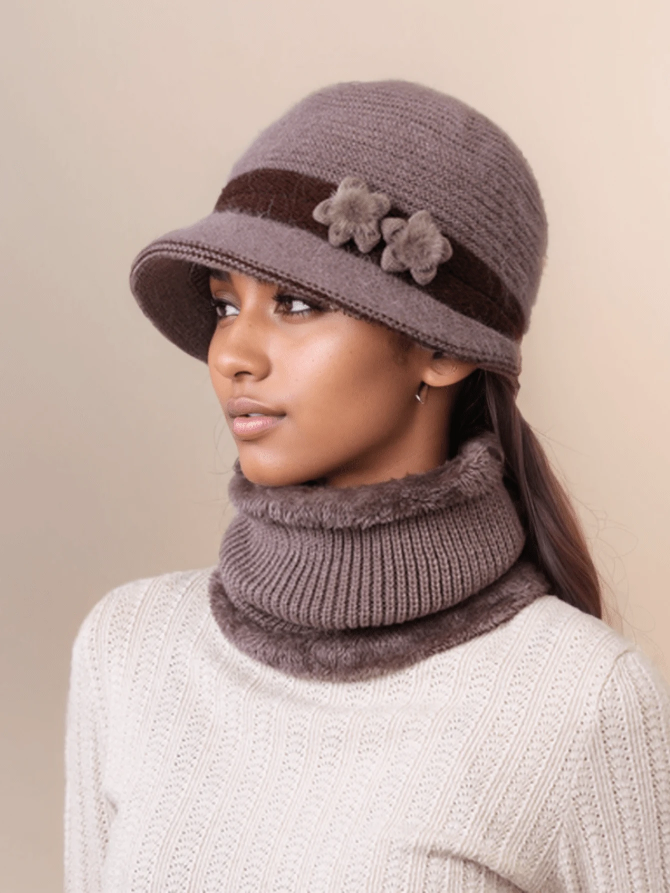 Warm Knitted Balaclava For Elderly Women - Thermal Hat With Decorative Accessories For Christmas, Fantasy Themed, Hand-Washable - Lightweight, Stretchable With Furry Craftsmanship - Ideal For Cold Weather & Travel
