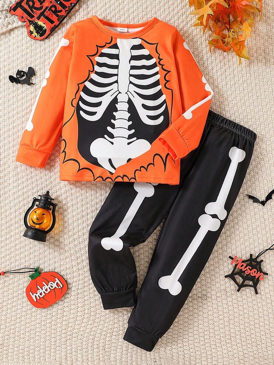 2 bucăți băiețel 1-6 ani Halloween schelet imprimat cu mânecă lungă costum comod casual cu pantaloni