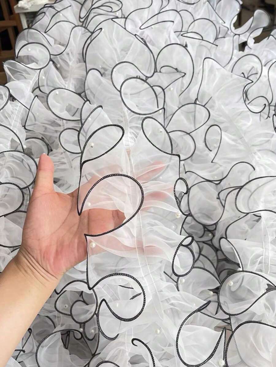 1roll/2yards 4.33inch Dense Pleated Beaded Tulle Lace Ribbon, Floral Bouquet Ribbon, Shiny Pearl Wave Ribbon
