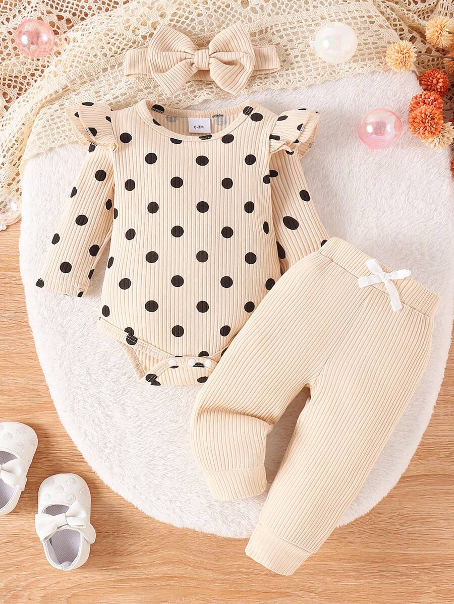 2pcs Baby/Toddler Girls' Cute Polka Dot Print Long Sleeve Romper And Pants Set, Lightweight Spring Autumn
