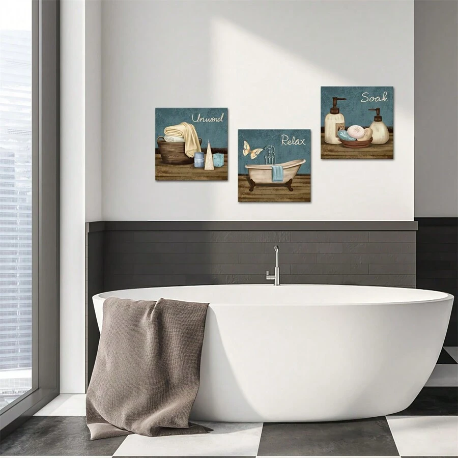 Conjunto de 3 piezas de cuadros de pared de decoración de baño con impresiones en lienzo de los letreros "Relájate, Desconecta, Sumerge", pintura de arte decorativo para el hogar moderno, sala de baño, inodoro, listos para colgar, decoración de pared y habitación