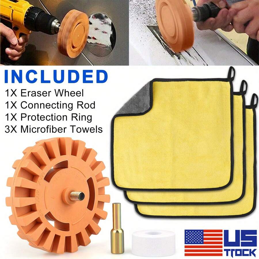 4inch Decal Removal Eraser Electric Rubber Removal Wheel Rubber Wheel And 12 X12inch 400 GSM Microfiber Towels For Removing Auto Paint Decals Adhesive Remove Vinyl Decals, Pinstripes, Stripes, Stickers, Graphics