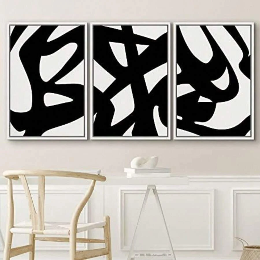 SIGNFORD 3pcs Framed Wall Art Prints Duotone Geometric Graffiti Landscape Illustrations Abstract Color Blocks Modern Art Set Boho Wall Decorative Nordic Contemporary Artwork For Living Room, Bedroom, Office