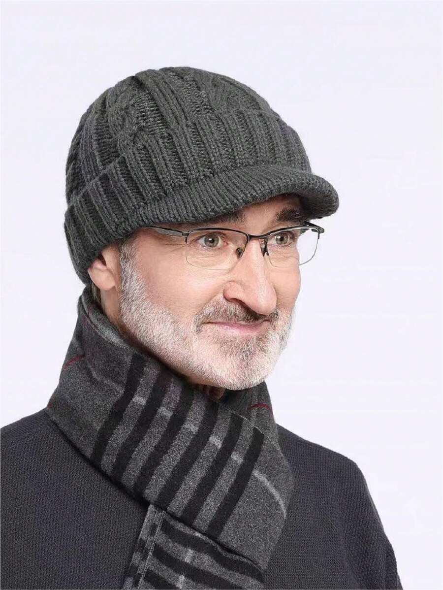 Men Knit Hat, Warm Thermal Lined Short Brim Ear Protection Beanie Cap, Suitable For Middle-Aged And Elderly In Winter