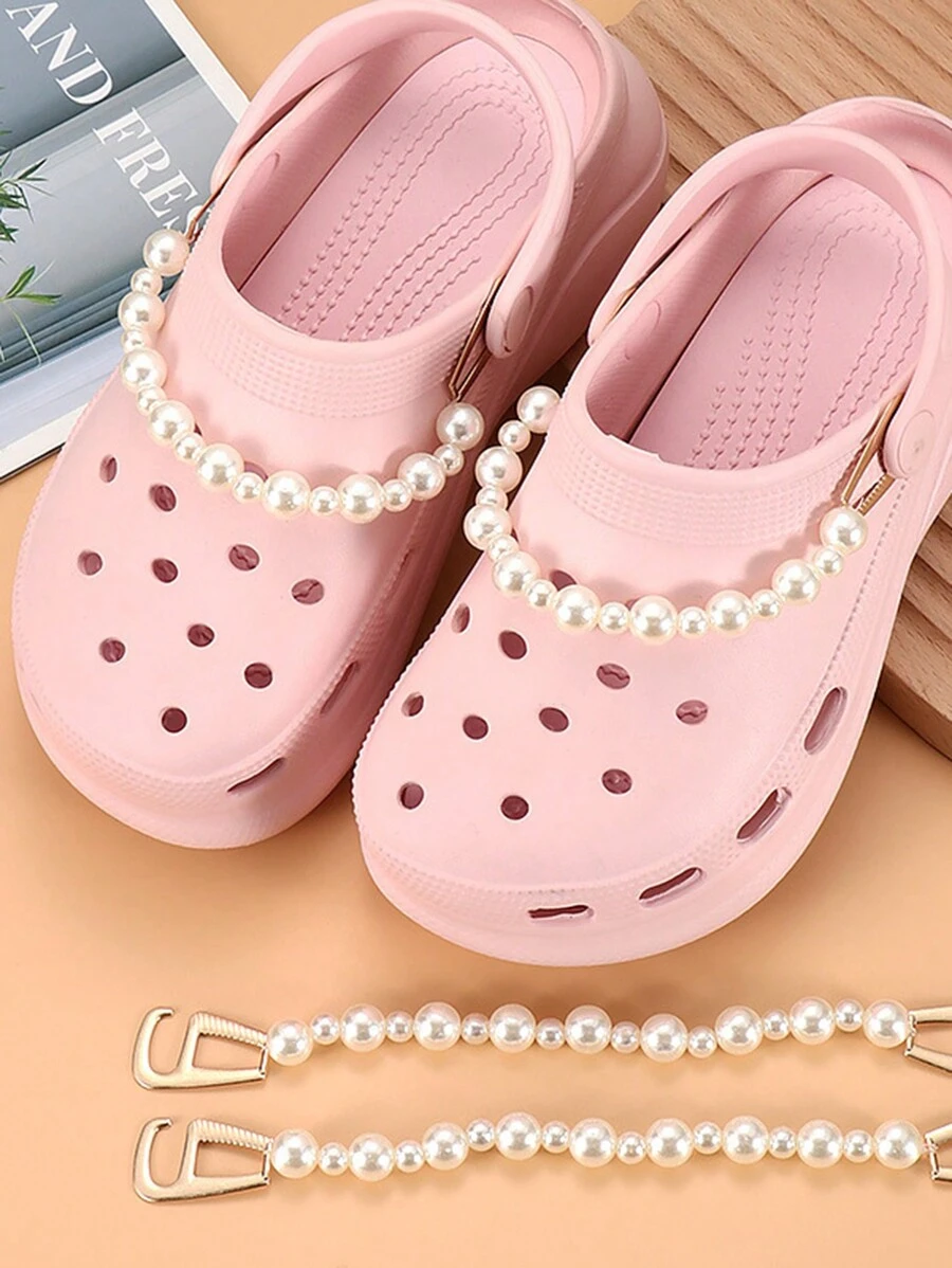 1 Set Of 2pcs High-End Everyday Pearl Perforated Sandals Chain Accessory, Detachable Pearl Resin Chain, Random Quantity Of Pearls