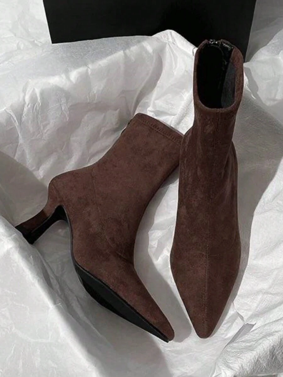 Brown Short Boots Women High Heels 2024 Autumn Winter New Arrival Versatile French Style Slim Heel Elastic Suede Pointed Toe Slim Fit Boots