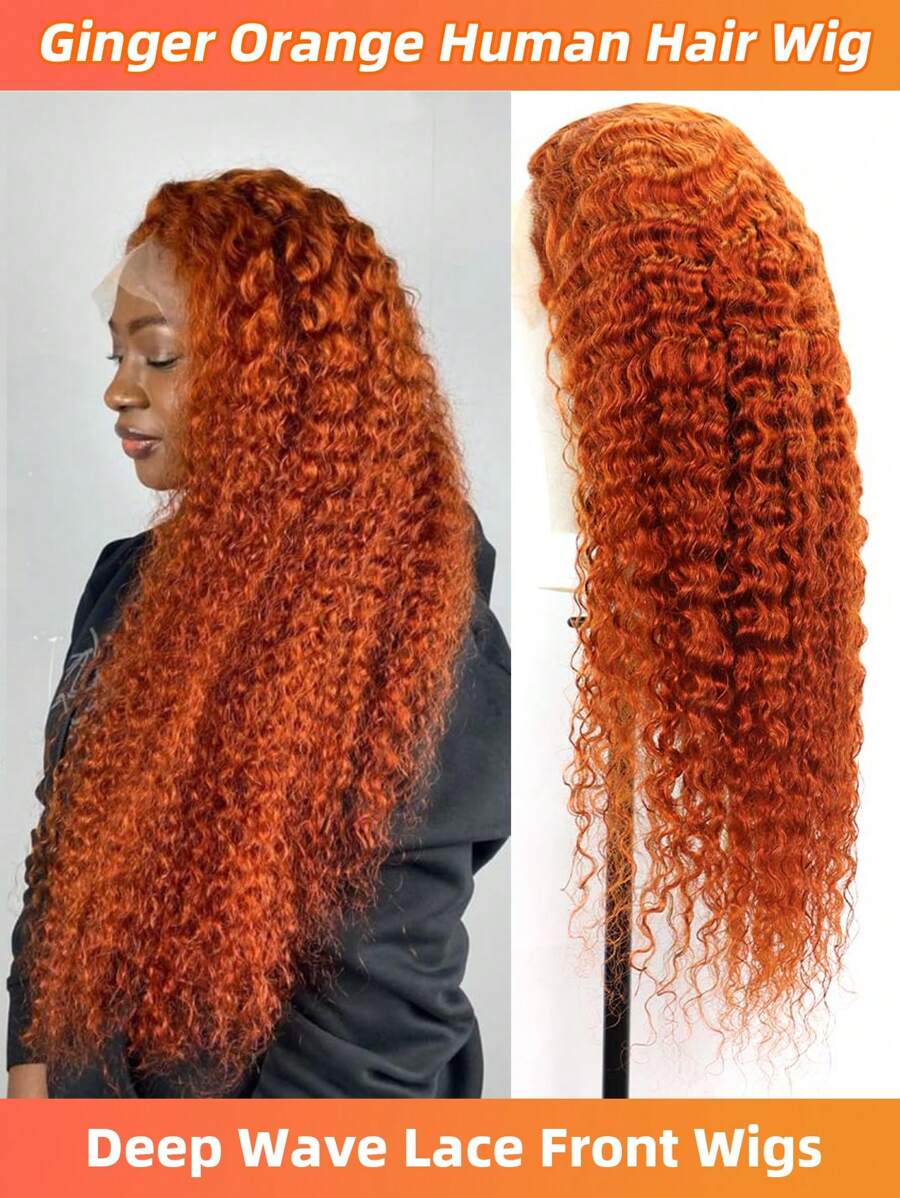 Peruca de Cabelo Humano de 32 Polegadas Gengibre, Onda Profunda 13x4 Frente de Laço, Peruca Laranja Gengibre para Mulheres, Densidade de 180%, Peruca Frontal de Laço Transparente de Cabelo Humano Gengibre Cacheado Profundo, 14-32 polegadas, Pré-Desfiado com Cabelo de Bebê