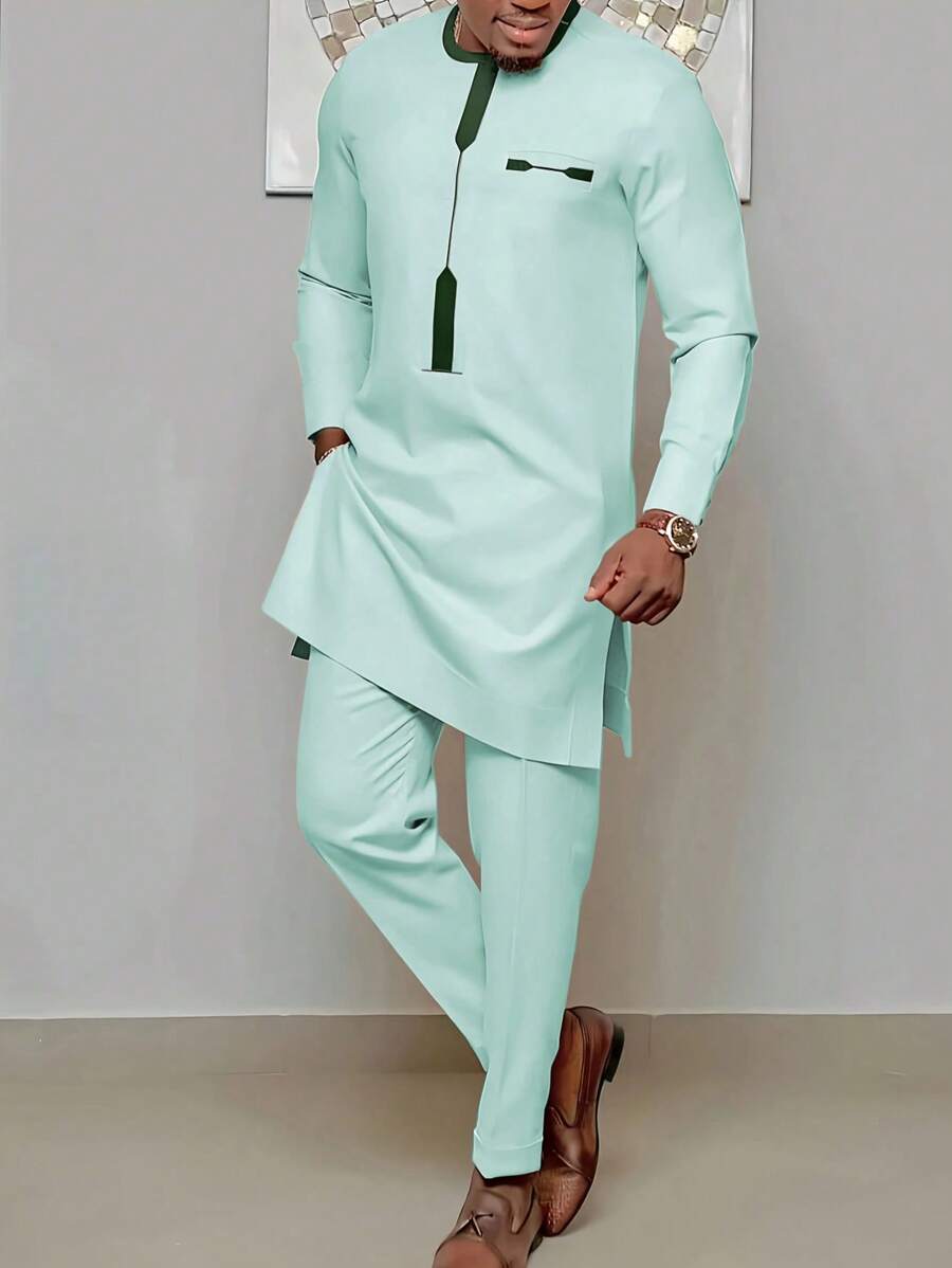Conjunto de traje de chaqueta y pantalón de color liso de manga larga para hombre