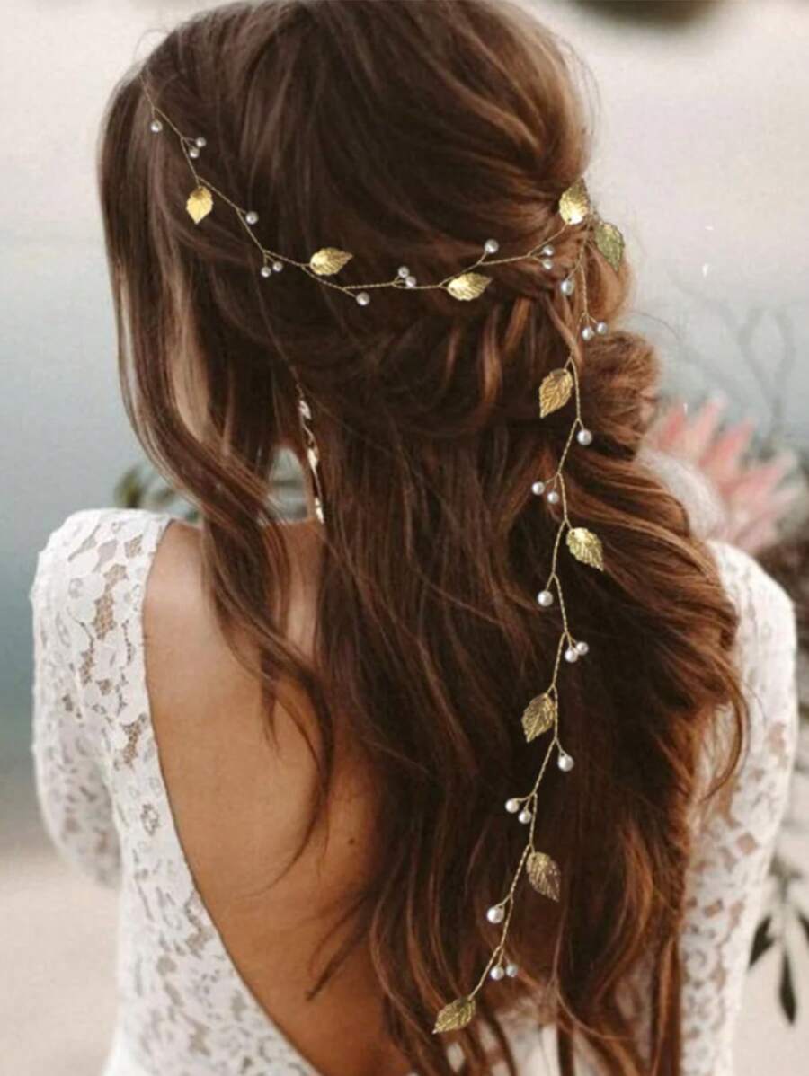 1 pièce Bandeau de mariage pour femme avec feuille en alliage, fausse perle et chaîne douce détaillée, diadème élégant