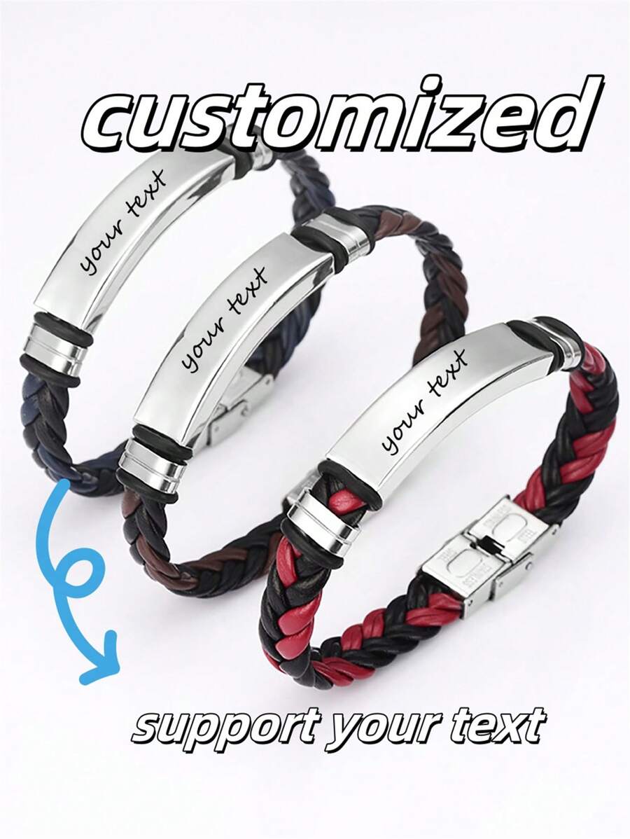 1pc Customizable Braided Rope Bracelet, Stainless Steel Couple Bangles, Engraving Available, Gift