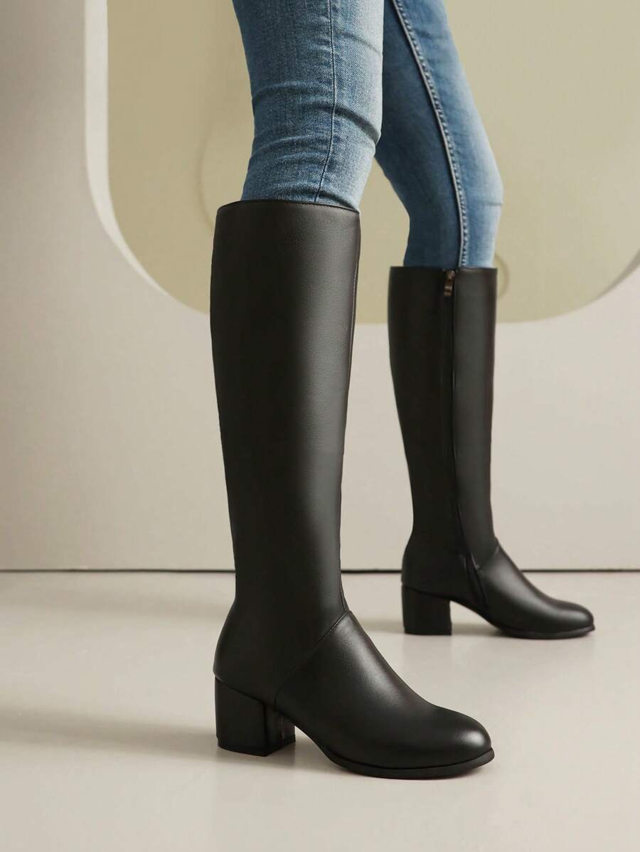 Botas altas de mujer cómodas con puntera redonda, tacón ancho y tacón intermedio, ajustado, con cremallera lateral