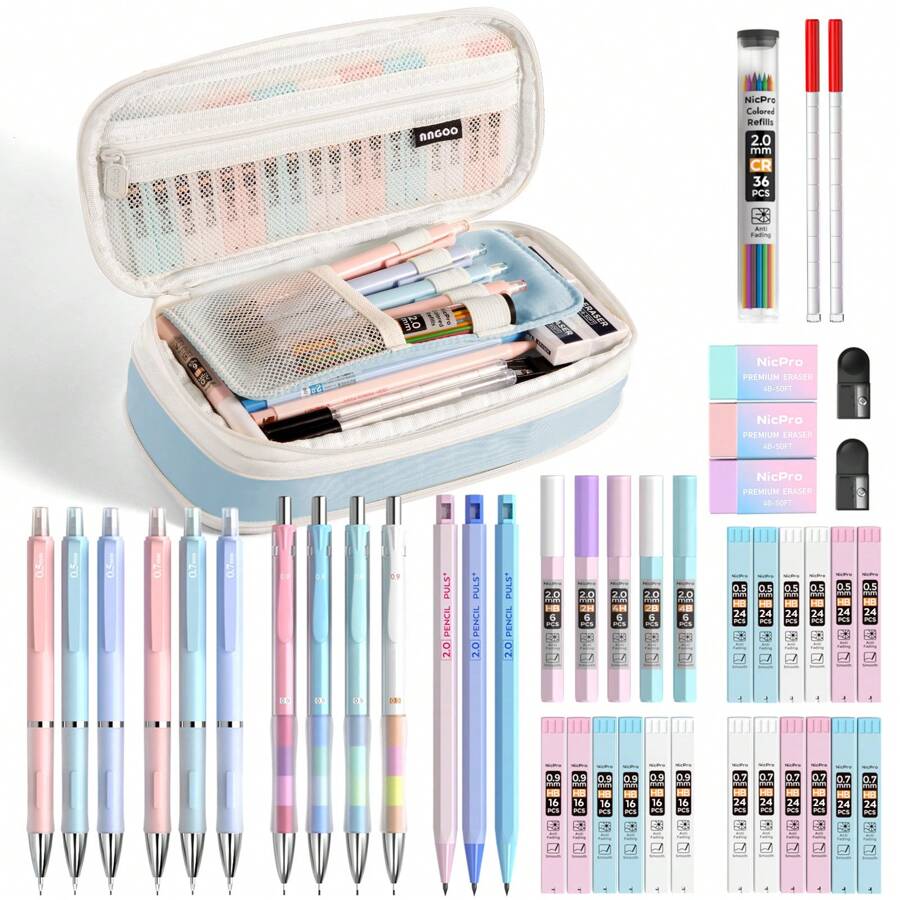 Nicpro 45PCS Aesthetic School Supplies With Big Capacity Pen Case, Pastel Mechanical Pencils 0.5, 0.7, 0.9, 2mm With 24 Tube Lead Refills(4B 2B HB 2H 4H COLORS) Erasers For Student Writing Drawing
