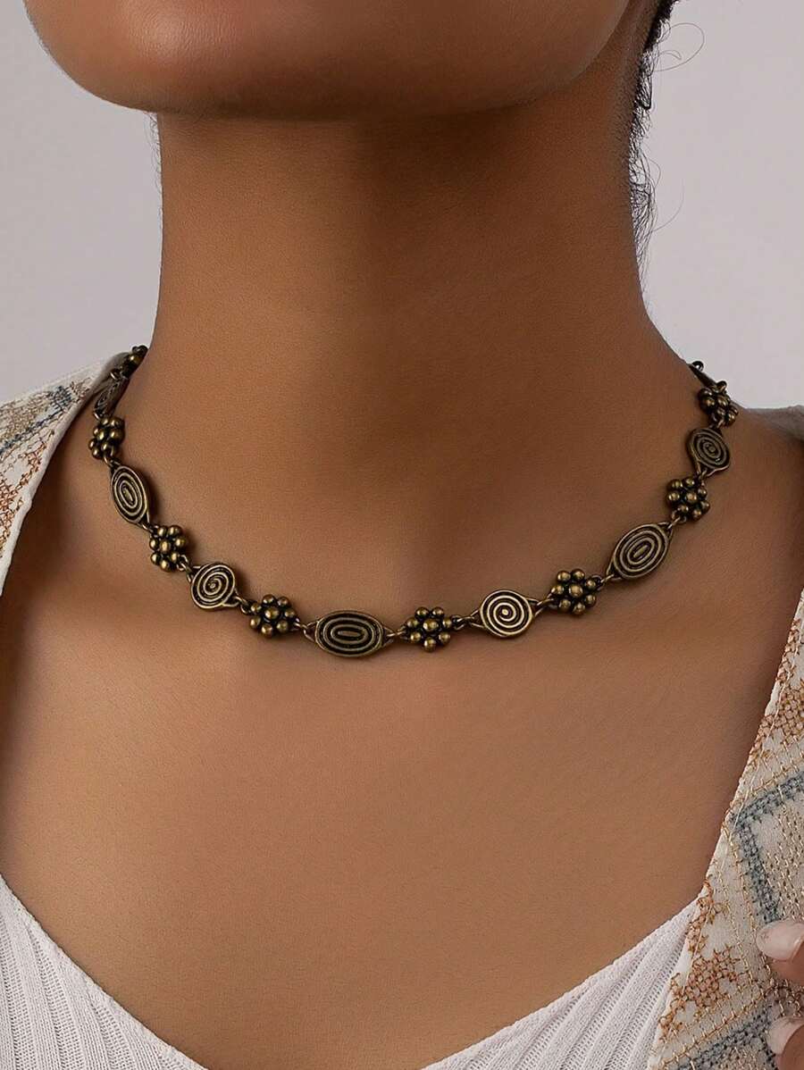1 pieza Collar de cadena versátil, de moda y simple con diseño floral en espiral de estilo bohemio vintage para mujer