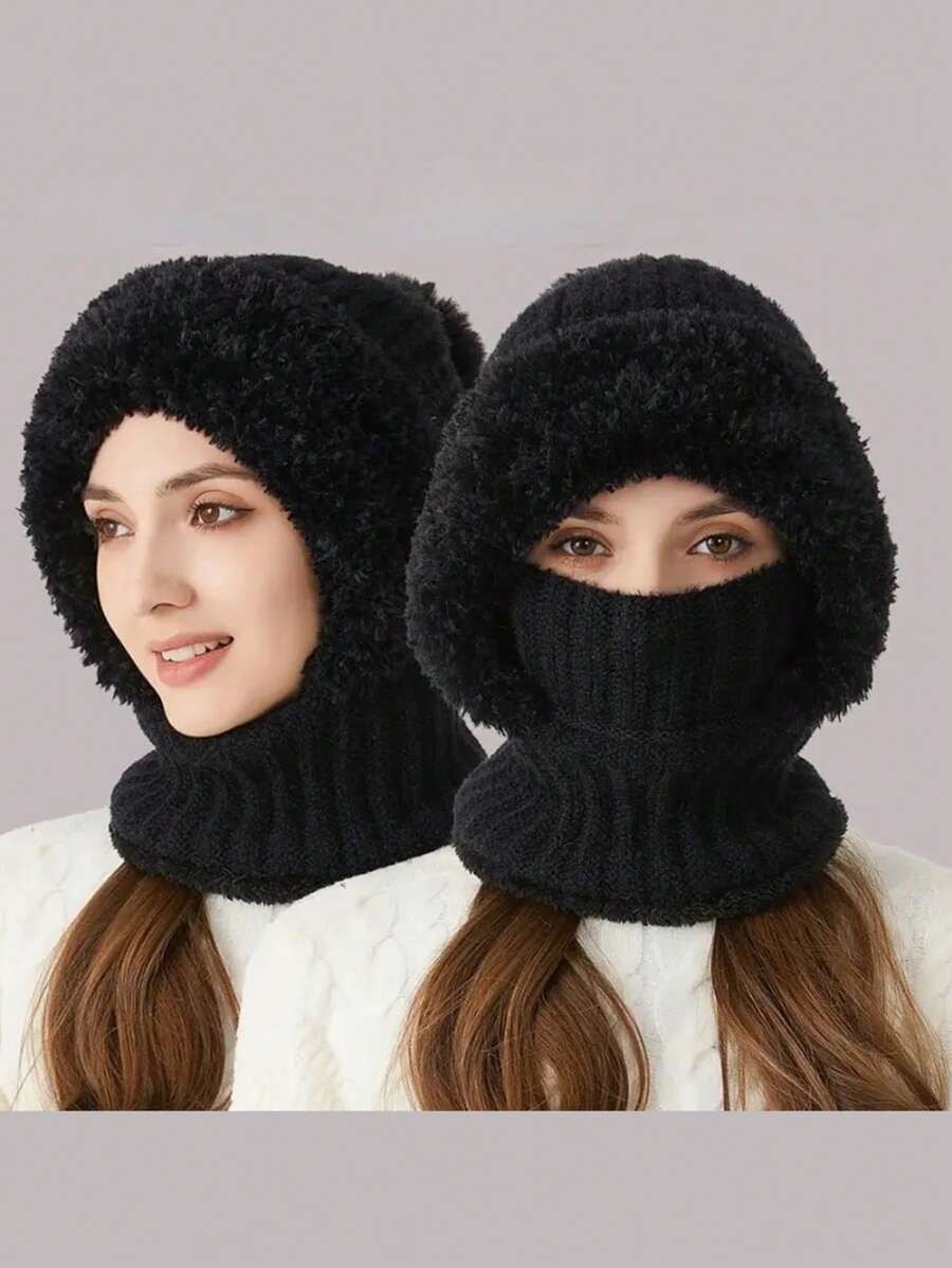 1 Pc WarmthMax Thermal Lined Knit Hat - Windproof, Thermal Insulation, Earflap Protection, Hooded Neck Gaiter, Breathable, Moisture-Wicking, Outdoor Cycling Essential For Cold Weather