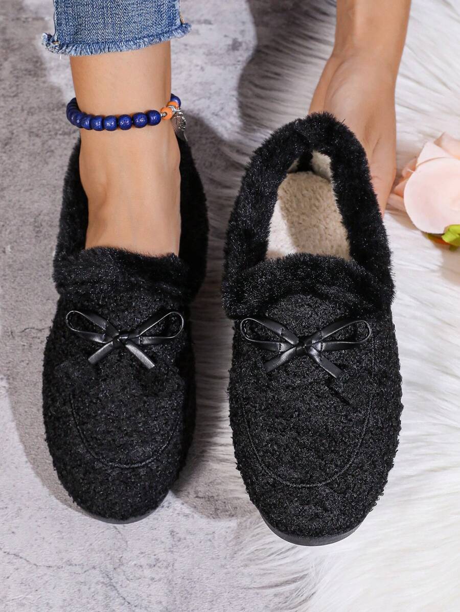 Women's Warm Thermal Lined Slip-On Slippers With Soft Bottom, Bowknot Decor, Non-Slip Indoor/Outdoor House Shoes, Casual Style