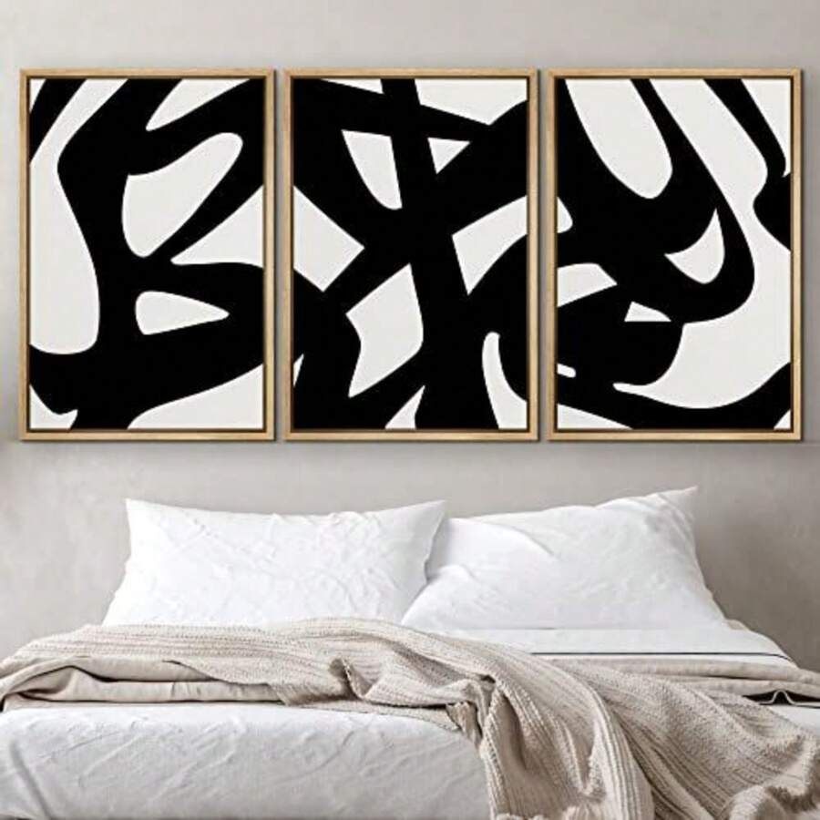 SIGNFORD 3pcs Framed Wall Art Prints Duotone Geometric Graffiti Landscape Illustrations Abstract Color Blocks Modern Art Set Boho Wall Decorative Nordic Contemporary Artwork For Living Room, Bedroom, Office