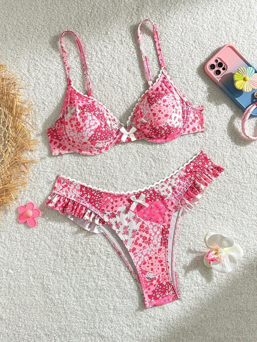 Bikinx Bikini a blocchi di colore con balze, con ferretto, motivo floreale ditsy, per donna, adatto per vacanze estive in spiaggia