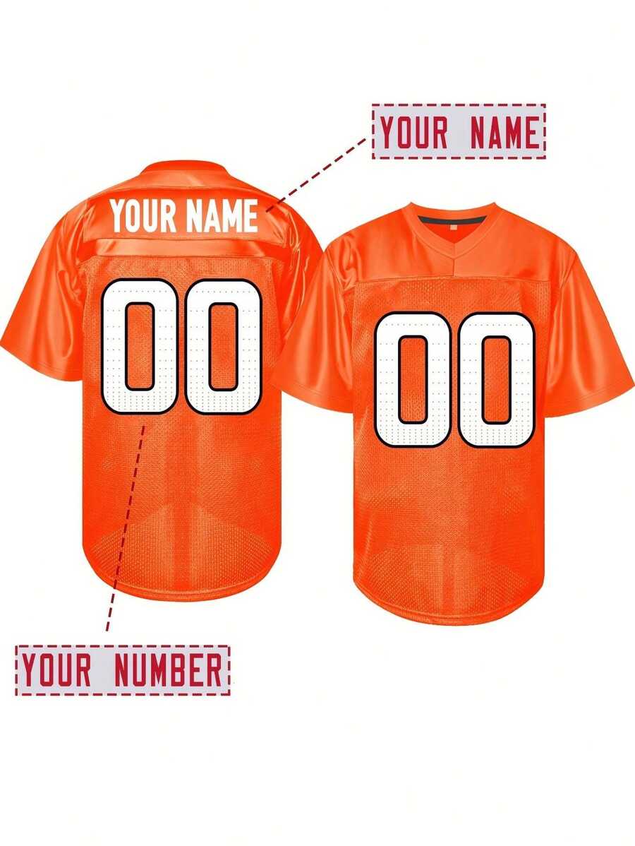 Camisa de futebol americano masculina bordada com nome e número, estilo namorado, Denver Orange, gola em V, camisa de manga curta personalizada, para jogos de festa, treinamento, competição, top esportivo, faça você mesmo, tamanho P-XXL, estiloso, moderno, hipster, casual, minimalista, chique, personalizado, exclusivo, fantasias masculinas, guarda-roupa cápsula, básico/estilo urbano masculino, presentes ideais para ele, namorado, família, amigos, aniversários, férias/feriado, escola/competição, esportes/escalada