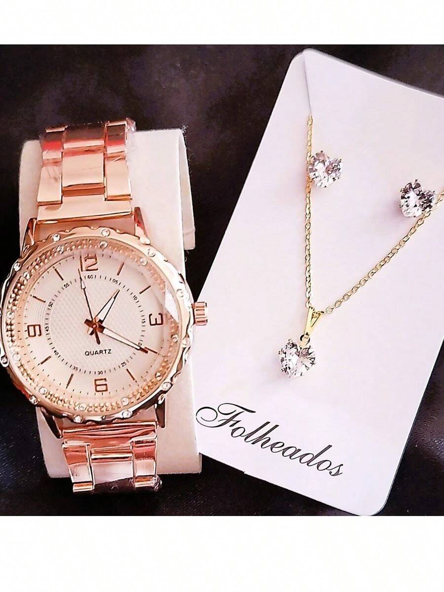 Relógio Feminino Dourado Rose Prata Com Colar Brinco Folheado 18K
