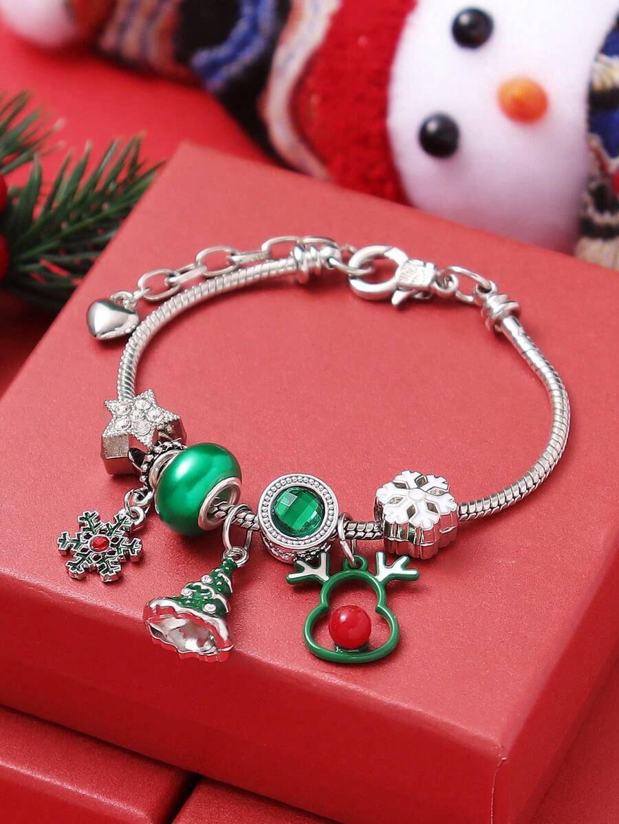 1 pièce Bracelet en chaîne de cuivre avec perles en forme de renne creux, sapin de Noël et flocon de neige, accessoire et cadeau de fête des vacances pour femmes