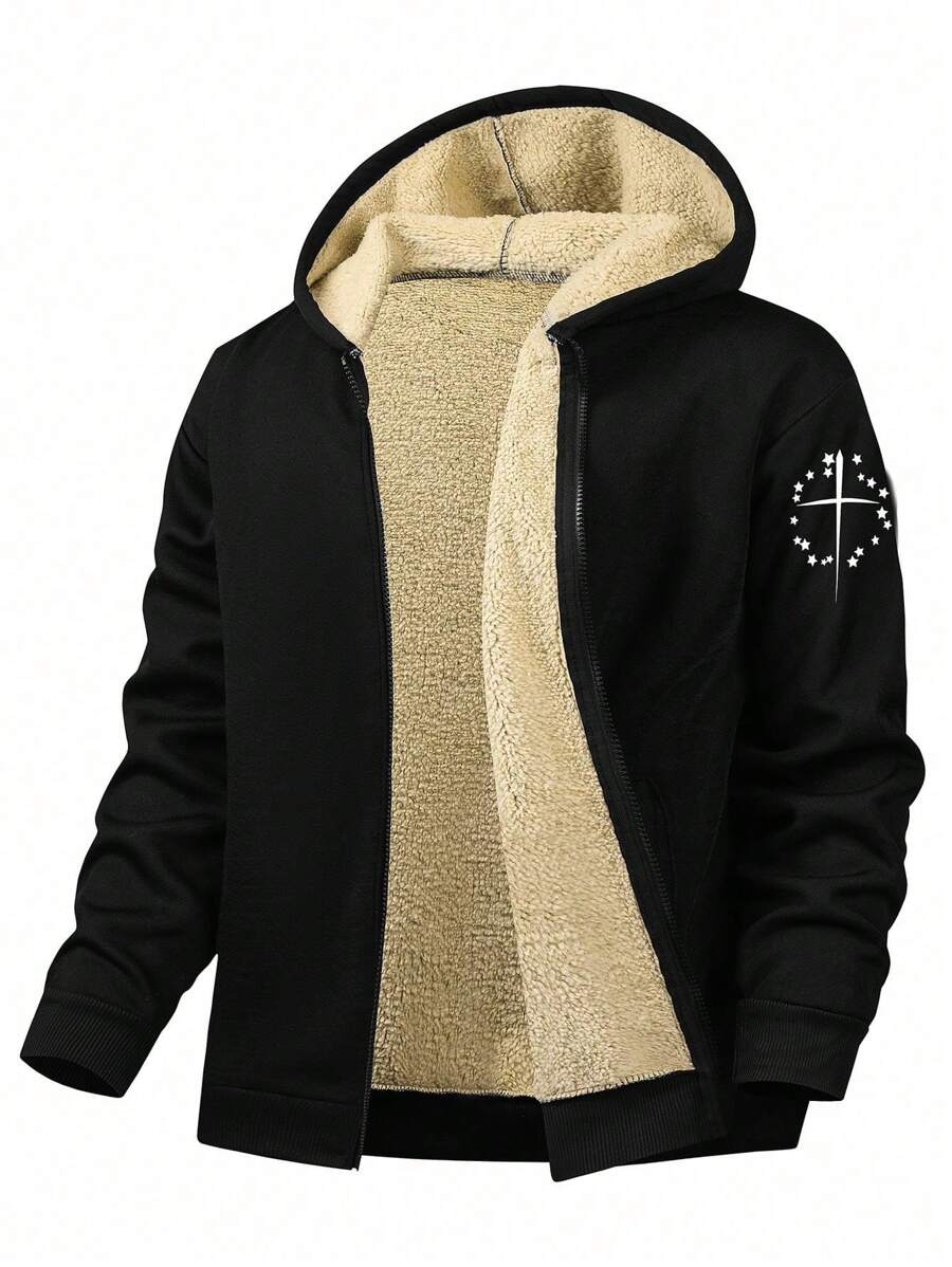 Yemwry Plus Size Men's Fashion Casual Versatile Pentagram Print Thermal Lined Zip Up Hooded Jacket